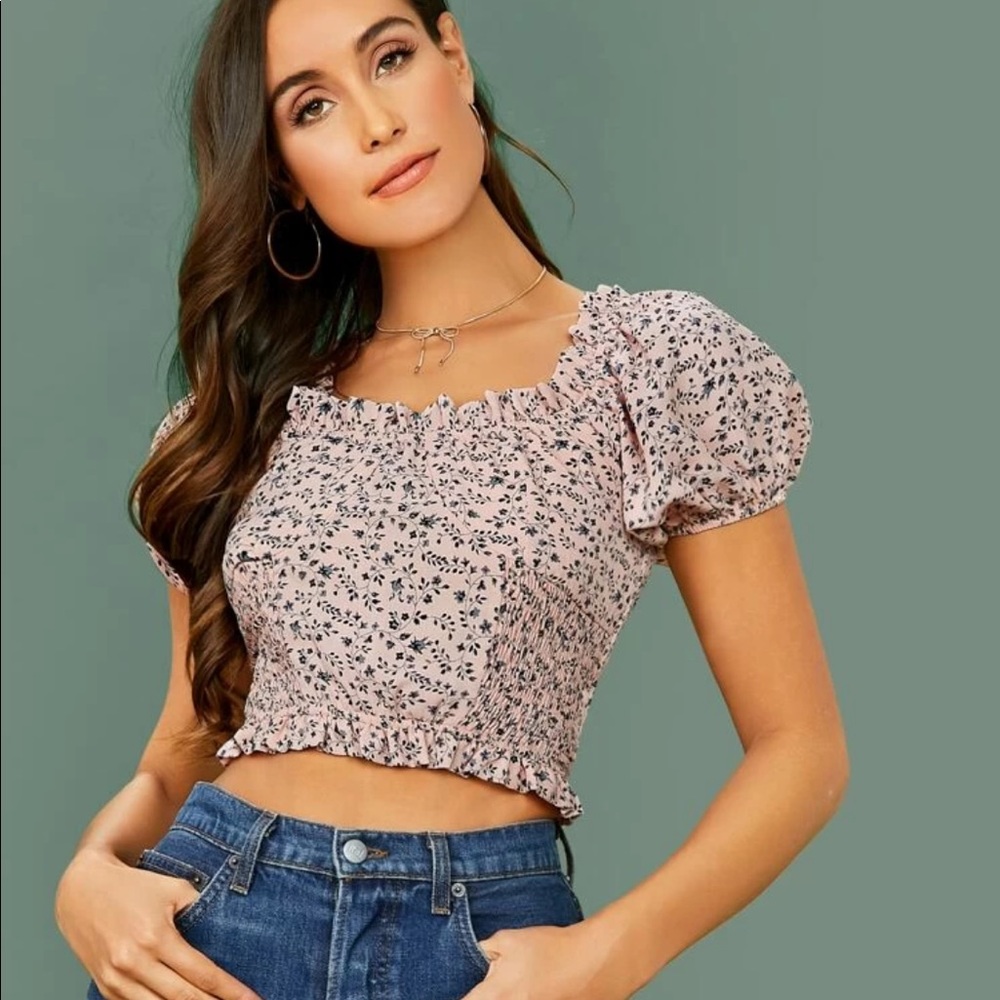 Frill Trim Puff Sleeve Shirred Panel Crop Top